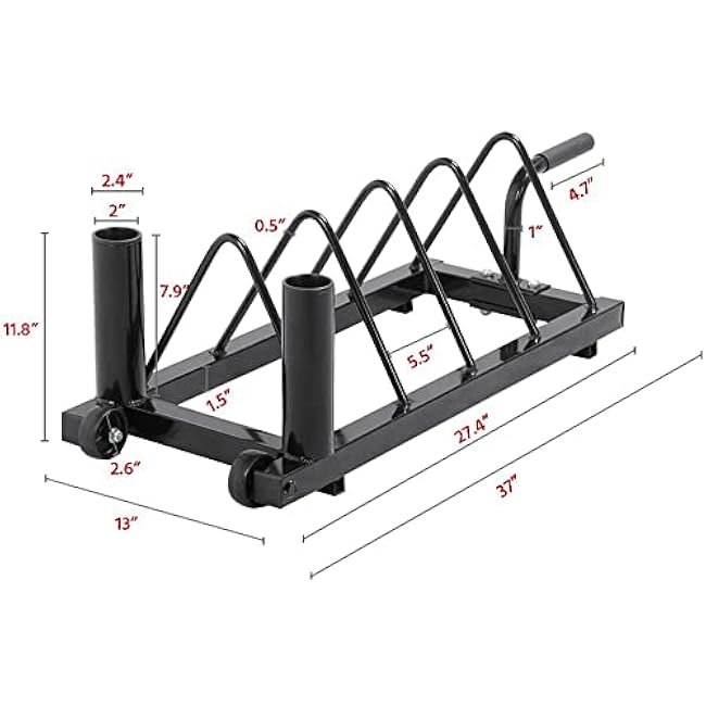 Yaheetech Horizontal Barbell Bumper Plate Rack Holder Olympic Bar Storage Rack with Handle and Wheels,Black