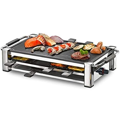 ROMMELSBACHER RCC 1500 Raclette-Grill (extra langes Kabel (2m), Tischgrill für 8 Personen, gerippte Alu-Druckguss-Grillplatte, Xylan Plus Antihaftbeschichtung, Parkdeck, 1500 W) chrom