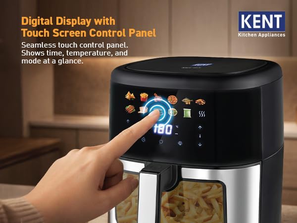 Image of KENT Digital Air Fryer 7L | 1500W | Bake, Grill & Roast | Up to 80% Less Oil Usage | 12 Preset Menu | Digital Display & Touch Control Panel | Glass Window with in built Light | Auto Cut-Off | Silver