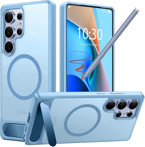 Image of Elzzi Magnetic Cover Compatible for Samsung S24 Ultra 5g Case with Adjustable Metal Kickstand, Compatible with Mag-Safe Translucent Matte Shockproof Protective Phone Case, Official Blue
