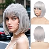 BATISI Silver Bob Wig for Women Short Bob Wigs Straight Flat Bangs Synthetic Costume Cosplay Daily Party Neon Wig 12 Inch