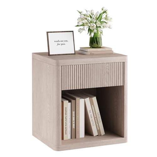 Image of OLIXIS Set of 2 Modern Nightstand, 22.7 inch Fluted Drawer Wood Bedside Table | Compact white oak nightstand with drawer & open shelf, sturdy multi-use end table for bedroom, sofa side table, entryway