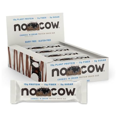 No Cow Vegan Protein Bars with Low Sugar & High Protein, 15g Plant Based Protein & 10g Fiber Snacks for On-the-Go Nutrition & Post-Workout, Gluten-Free, Dairy-Free (Cookies ‘n Cream, 12 Count) Cover