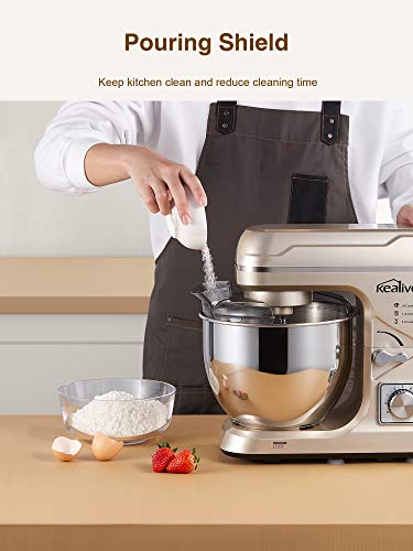 Kealive Stand Mixer, Electric Food Mixer Kitchen with 5.5QT, 6+P-Speed, Tilt-Head Food Mixer with Dough Hook, Wire Whip & Beater, Stainless Steel Bowl, Upgraded Transparent Cover, Gold - Thumbnail 6