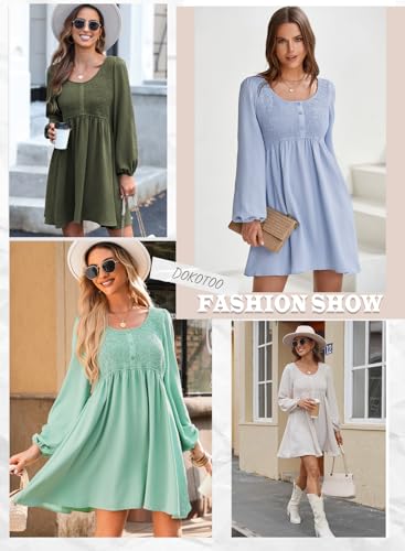 Image of Dokotoo Womens Fall Dresses 2026 Casual Smocked Crewneck Button Up Long Sleeve Empire Waist A-Line Mini Dress