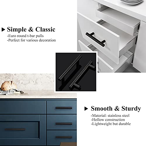 Image of Probrico 12 Pack| 3 Inch Hole to Hole Black Kitchen Cabinet Pulls, Modern Bedroom Drawer Pull T Bar Handle Dresser Pulls, 5 Inch Total Length