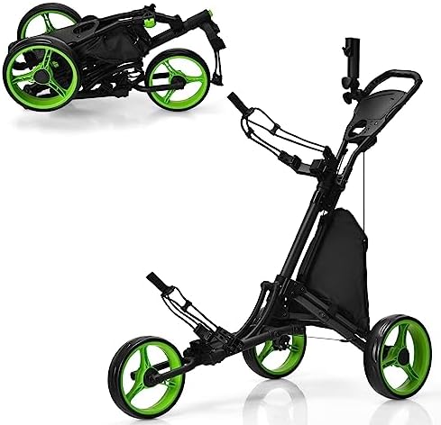 Golf Push Pull Cart, 3 Wheel Lightweight Foldable Trolley with Umbrella Stand, Insulation Storage Bag, Cup Holder, and Foot Brake