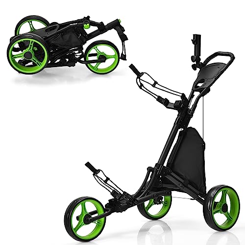 COSTWAY Golf Trolley 3 Rad Golftrolley Golfwagen Golf klappbar Golfcaddy Golf Push Cart aus Aluminum Golfcaddy mit Schirmhalter T-Stückhalterung und Aufbewahrungstasche