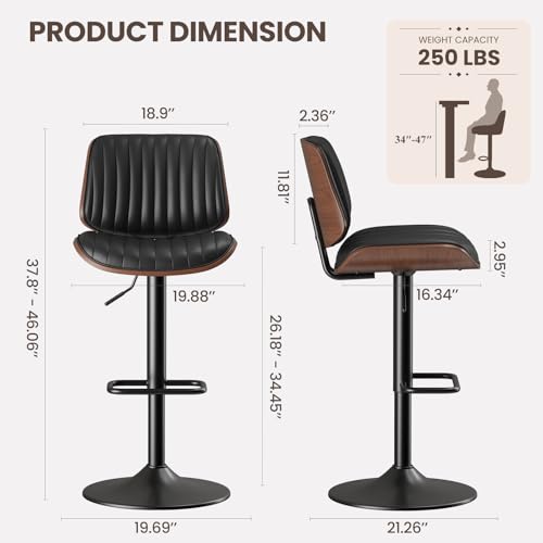 Image of MALOL Bar Stools Set of 1, Adjustable Counter Height Bar Chairs 26 inch-34.5 inch with Swivel & Footrest, Modern Faux Leather Barstools for Kitchen Island, Dining Room,Pub,Black
