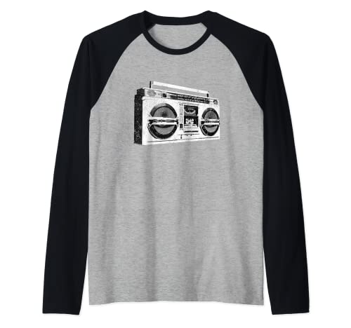 Ghetto Blaster Boombox Radio Hip Hop Tape Deck Musica Maglia con Maniche Raglan