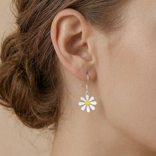 Image of SLUYNZ 925 Sterling Silver White Flower Dangle Earrings for Women Teen Girls Daisy Flower Drop Earrings Summer Spring
