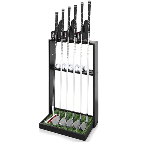 GUULIBERA Golf Putter Stand, Premium Wooden Golf Club Rack for 6 Clubs, 18 Balls & 3 Putter Covers...