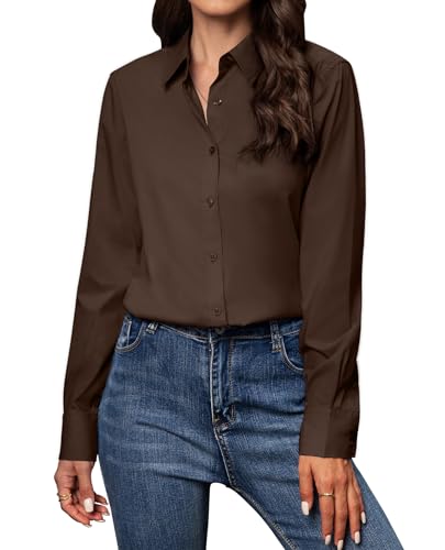 Gleeivy Button Down Shirts for Women Long Sleeve Button Up Shirts Classic Fit Solid Cotton Women Dress Shirts Work Office Coffee Brown M