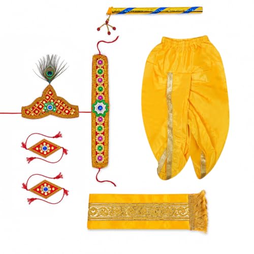 Image of Shri Krishna Costume Set - Ethnic Wear with Golden Jari Angavastram & Dhoti, Traditional Dress Set of 7 for Boys & Girls - Ideal for Janmashtami, Fancy Dress, and Festivals