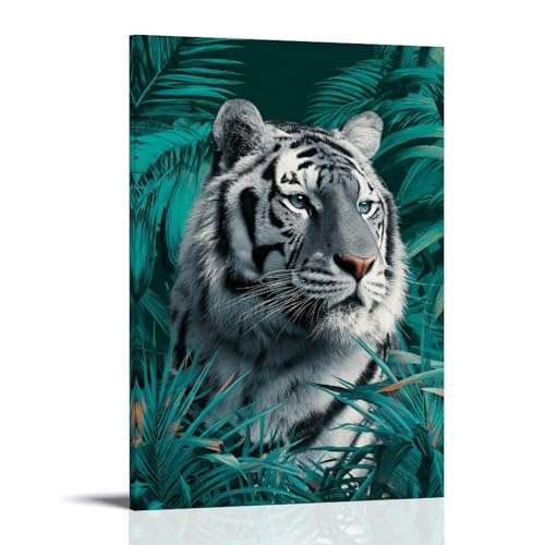 Jubonexis Impression sur toile de style tigre noir et blanc puissant vert foncé avec cadre 30 x 45 cm