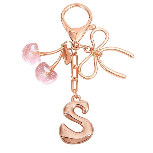 Snycler Bubble Initial Keychain with Bow & Cherry - Rose Gold Letter Bag Charms for Women, Cute Purse Handbag Accessories S