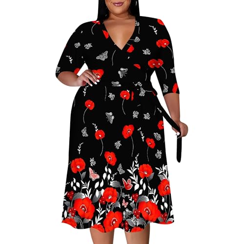 Image of PinkPatty Women's Plus Size Maxi Dress Print 3 /4 Sleeves V Neck Party Sundress Wedding Guest Dresses