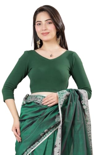 Image of Mlada V-Neck Stretchable Saree Blouse Top for Women | Slim Fit 3 /4th Sleeves Solid Cotton Blouses | Readymade Saree Blouses for Women Festive & Ethnic | Blouse Crop Top