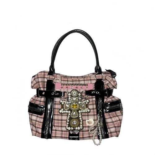 Gothic Tote Bag Womens Rhinestone Cross Leather Canvas Handbag Pink Plaid Punk Y2k 2000s Accessories Goth Bag