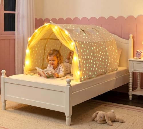INFANS Bed Tent for Kids, Indoor Large Toddler Canopy Playhouse with Flags, Teepee Toys Gift for Boys Girls Aged 3+, Fluorescent - image 1