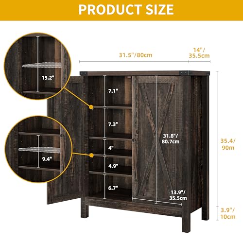 DWVO Farmhouse 5-Tier Shoe Cabinet with Doors and Adjustable Shelves, Self-Standing Wooden Shoes Organizer Rack with Non-Slip Pads, for Entryway, Hallway, Living Room, Dark Rustic Oak