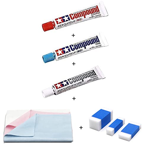 タミヤ コンパウンド(粗目) + タミヤ コンパウンド(細目) + タミヤ コンパウンド (仕上げ目) + タミヤ メイクアップ材シリーズ No.90 ・コンパウンド用クロス (3色セット) 87090 + タミヤ メイクアップ材シリーズ コンパウンド用スポンジ プラモデル用工具 セット
