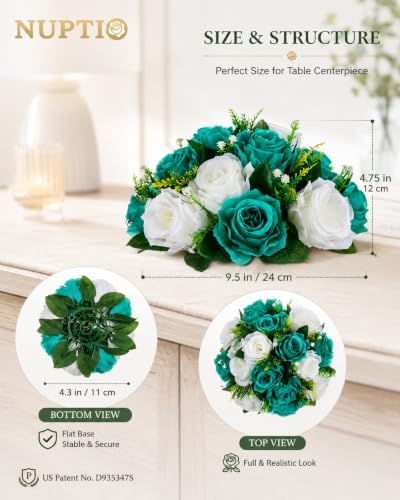 Image of NUPTIO Flower Wedding Centrepieces for Tables - 10 Pcs 9.5in Diameter Teal & White Artificial Flowers Rose Ball for Centerpieces Table - Fake Rose Arrangements for Weddings Birthday Party Decorations