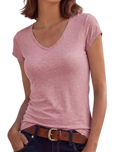Image of Leversic Womens V Neck T Shirt Summer Tops Short Sleeve Plain Slim-Regular Fit Casual Blouse Soft Ladies Tunic Basic Tee(Grayish Pink,M)