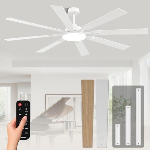 Image of 72 Inch Ceiling Fans with Lights and Remote, Dual Color 8 Blades, Bedroom Living Room Office Library Cafe Outdoor Industrial, 3CCT Dimmable, 6 Speed Reversible Quiet DC Motor, White /Wood Grain