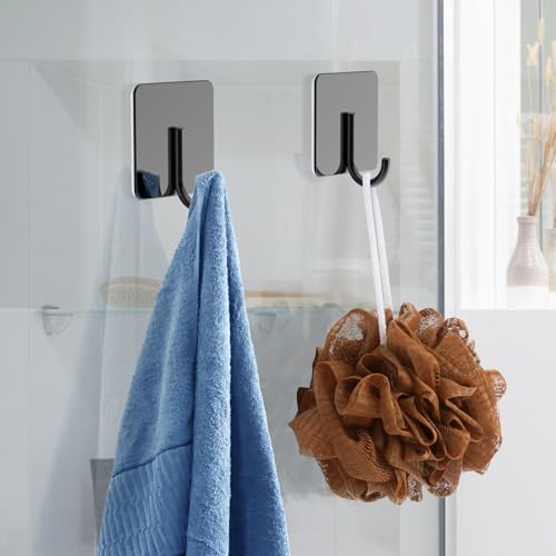 Docrok 6 Pack Stainless Steel Heavy Duty Adhesive Towel Hooks for Bathrooms, Kitchen Towel Hooks, Waterproof Bathroom Hooks for Towels, Wall Hooks for Hanging, Adhesive Shower Coat Hook, Black - Thumbnail 4