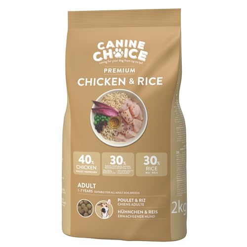 Canine Choice Premium Trockenfutter für ausgewachsene Hunde - Huhn & Reis 2kg | 40% Huhn, 30% Reis | Hypoallergenes Naturfutter für Verdauungsgesundheit, Energie & Immununterstützung