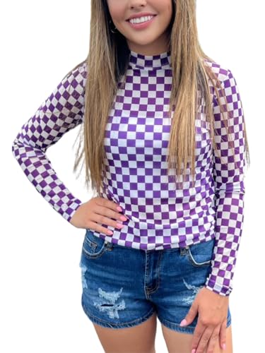 ChiyeeKiss Womens Pep Rally Checkered Mesh Shirt Game Day Spirit Sheer Tshirt Mock Neck Long Sleeves Bodycon Pullover Tops(0642-Purple-M)