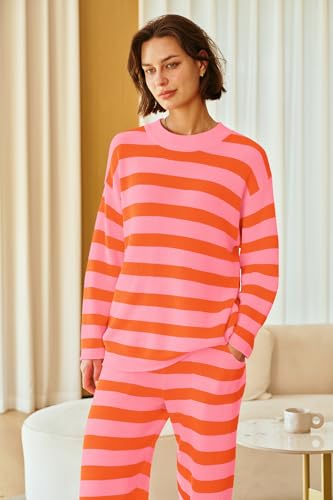 Image of SENSERISE Womens Striped Set Sweater Lounge Sets Matching Fall Outfits Long Sleeve Tops and Pants with Pockets