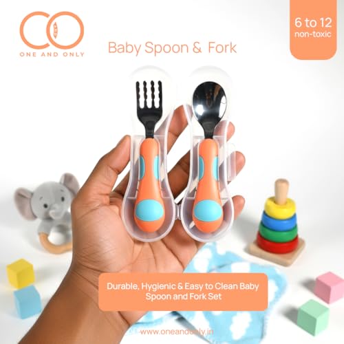 Image of Baby Spoon and Fork Set, Orange Stainless Steel Toddler Cutlery Set with Easy Grip, 2 Pc, Self Feeding Utensils for Baby Meals School and Travel, Mealtime Essential