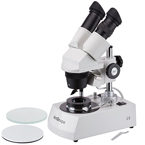 Review AmScope SE305-P-DK Binocular Stereo Microscope, WF10x Eyepieces, 10X and 30X Magnification, 1X and 3X Objectives, Upper and Lower Halogen Lighting, Reversible Black/White Stage Plate, Arm Stand, 120V, Includes Darkfield Condenser
