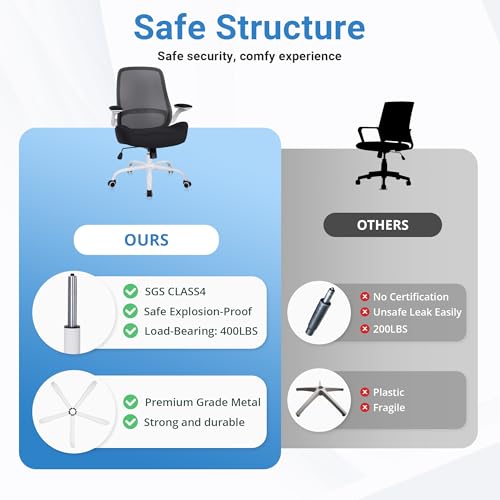 Image of HYLONE Office Chair Ergonomic Chair with Flip up Armrests, 5 inch Thickened Seat Computer Chair with Breathable Mesh Back Home Office Computer Chairs for Long Hours Mesh Office Chair(White Base&Black)
