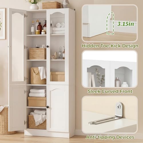 Image of Cyclysio 80 inch Tall Pantry Cabinet with 8 Doors, Natural Oak Kitchen Pantry Storage Cabinet with Built-in Baseboard Notch & Adjustable Shelves - Kitchen Storage Cabinet for Dining, Living Room, Office
