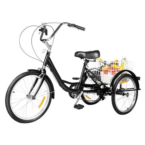 Mqwdxzfes 20 Zoll Dreirad für Erwachsene, 3-Rad-8-Gang-Seniorenfahrrad mit Einkaufskorb, Outdoor Fahren Dreirad Freizeit Cityräder Schaltung Seniorenfahrrad für Senioren, Einkaufen (Schwarz)