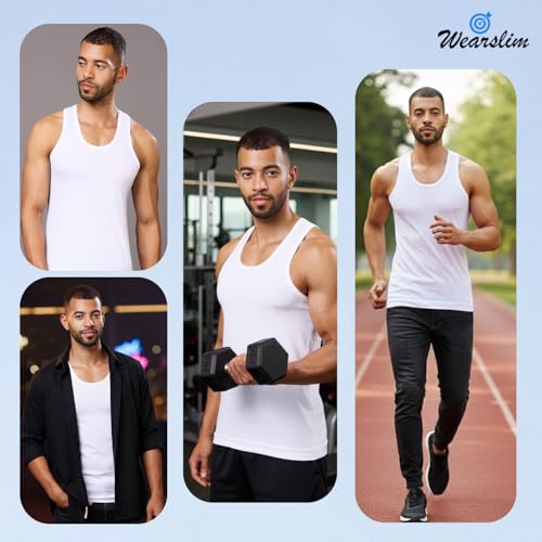 Image of Wearslim Premium Round Neck Super Combed Ultra Soft Cotton Vest for Man, Slim Fit Sleeveless Tank Tops Undershirts for Men with Extended Length for Easy Tuck