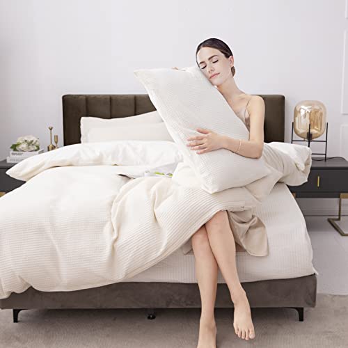 Sufdari Cotton Duvet Cover Set Queen Size, 100% Cotton Waffle Weave Beige Duvet Cover 3 Pieces, Bedding Duvet Cover With Zipper Ties, Soft Cotton Comforter Cover For All Season (Queen, 90X90) #TOP2
