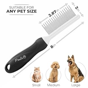 Poodle Pet Dog Combs for Grooming Matting – Metal Comb for Dogs with Long & Short Stainless Steel Teeth – Dematting Comb for Cats to Remove Matted Hair & Knots – Safe, Gentle Dogs & Cat Grooming Comb