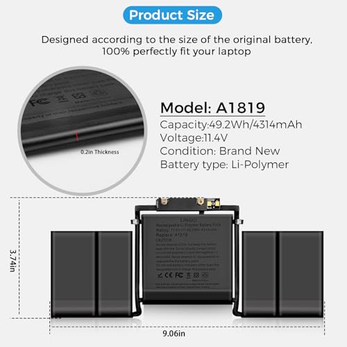 Image of A1706 Battery, A1819 Battery Replacement for MacBook Pro 13 inch A1706 Late 2016 Mid 2017 Touch Bar Version EMC 3071 3163 (Upgraded High Performance 4314mAh 11.41V 49.2Wh Li-Polymer)