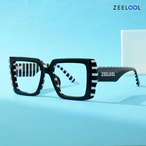 Image of Zeelool Rectangle Glasses Frame for Women Men, Acetate Eyewear Eyeglasses Frame with Non-prescription Clear Lenses & Spring Hinge ZJGA838378-03, Black /White
