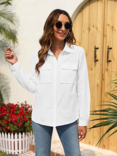 Runcati Womens Button Down Shirt Cotton Linen Long Sleeve V Neck Dress Shirts Casual Loose Roll Up Work Blouse Tops3