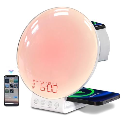 MOMILLA Sunrise Alarm Clock 3-in-1 Wireless Charging Station, App-Controlled Sound Machine White Noise, Sunrise Sunset Light, Bedside Wake-Up Lamp and Night Light for Heavy Sleepers