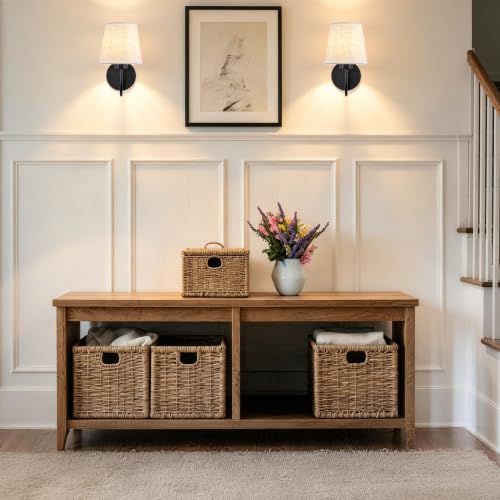 Image of LASENCHOO Plug in Wall Sconces Set of Two, Black Bedside Wall Lamps Lights | Vintage Wall Lights for Bedroom Living Room Hallway Entryway Porch, Plug in Cord 6.56ft, On /Off Switch, Fabric Lampshade, E26
