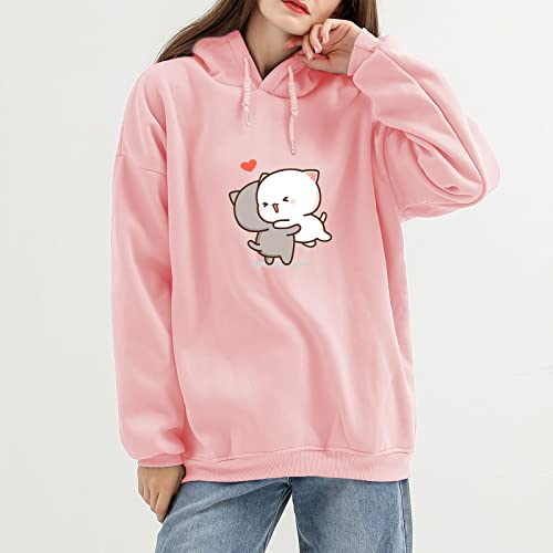 Bobeutou Cute Cartoon Cat Hoodie For Teen Girls Kawaii Graphic Oversized Aesthetic Fleece Preppy Sweatshirts Women Pullover (Pink,S,Small) #TOP1