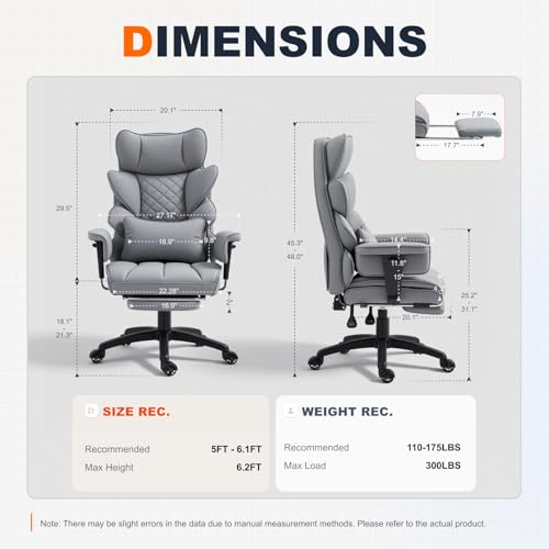 Image of Dowinx Big and Tall Office Chair with Pocket Spring Cushion,High Back Computer Gaming Chairs with Adjustable Armrests,Executive Desk Chairs with Lumbar Support and Footrest,PU-Grey