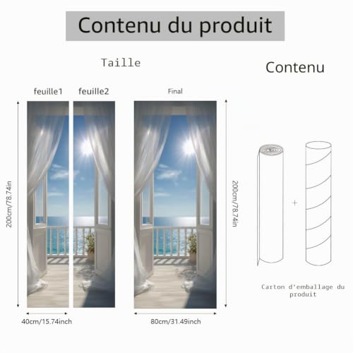 arricraft 2 autocollant porte, 31,5 "x78,7" vue sur l'océan du balcon ciel bleu et nuages blancs porte muraux autocollants PVC fond d'écran amovible pour les chambres ​ Salle de séjour – vue 2