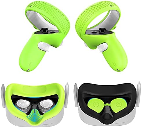 [3in1] for Oculus Quest 2 Accessories, Quest 2 VR Waterproof Silicone Face Cover Pad Controller Grip Fall Protection Case and Protective Lens Cover Washable, Anti-Leakage Ergonomic Design (Green)